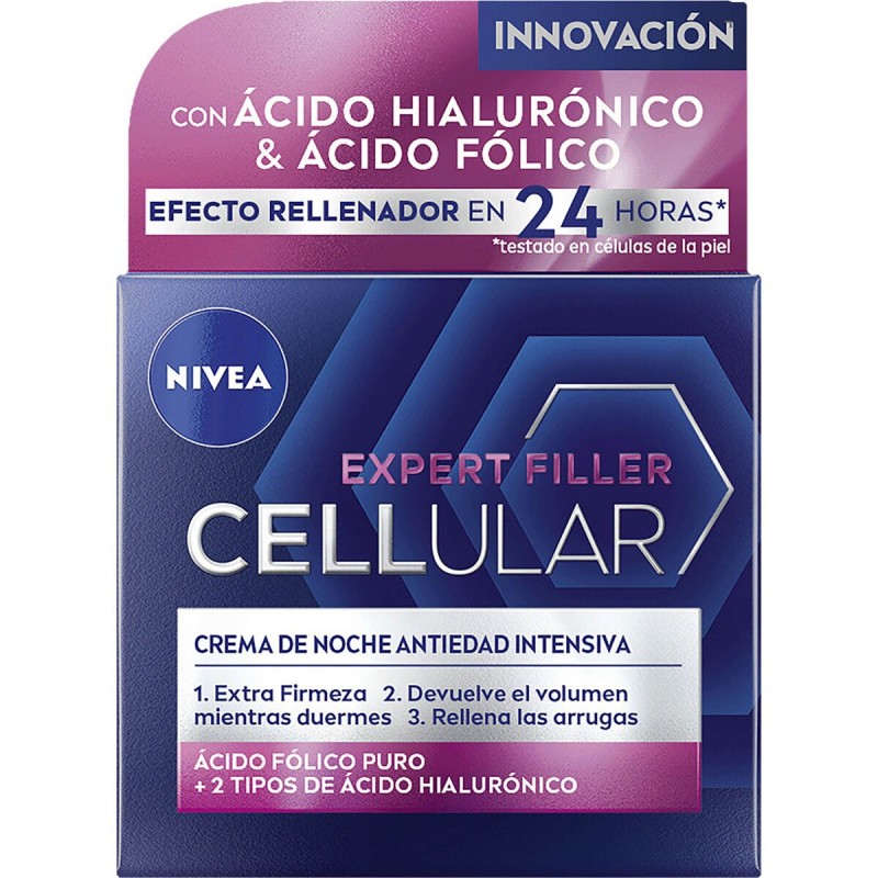 NIVEA Expert Filler Cellular crema de noche antiedad intensiva tarro 50 ml con ácido fólico puro + 2 tipos de ácido hialurónico